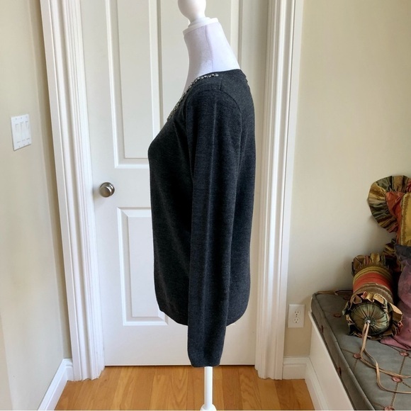Cynthia Rowley Sweater Merino Wool Gray with Rhinestone Neckline (M) - Picture 3 of 7